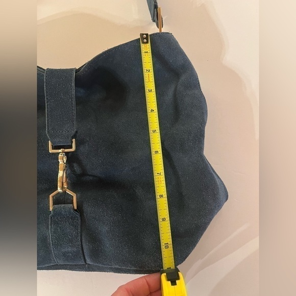 INDIA HICKS Edwina Hobo Slate blue suede soft bag designer retro - Picture 14 of 14